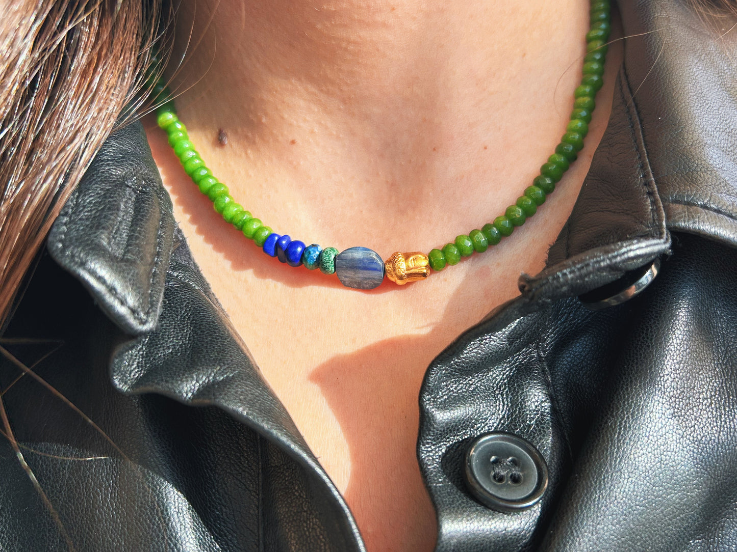 Aura Sync Necklace in Green Jade, Raw Kyanite, Jasper & Lapis Lazuli