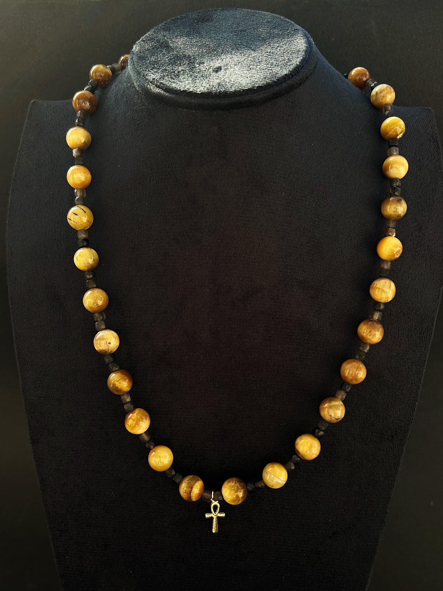 The Amun Guard unisex necklace in natural Tiger Eye & Black Jade gemstones