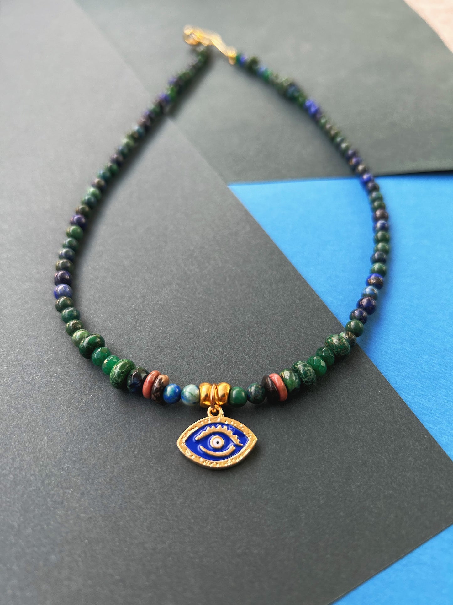 No Evil Necklace in Azurite Malachite, Jasper, Jade & Rhodonite