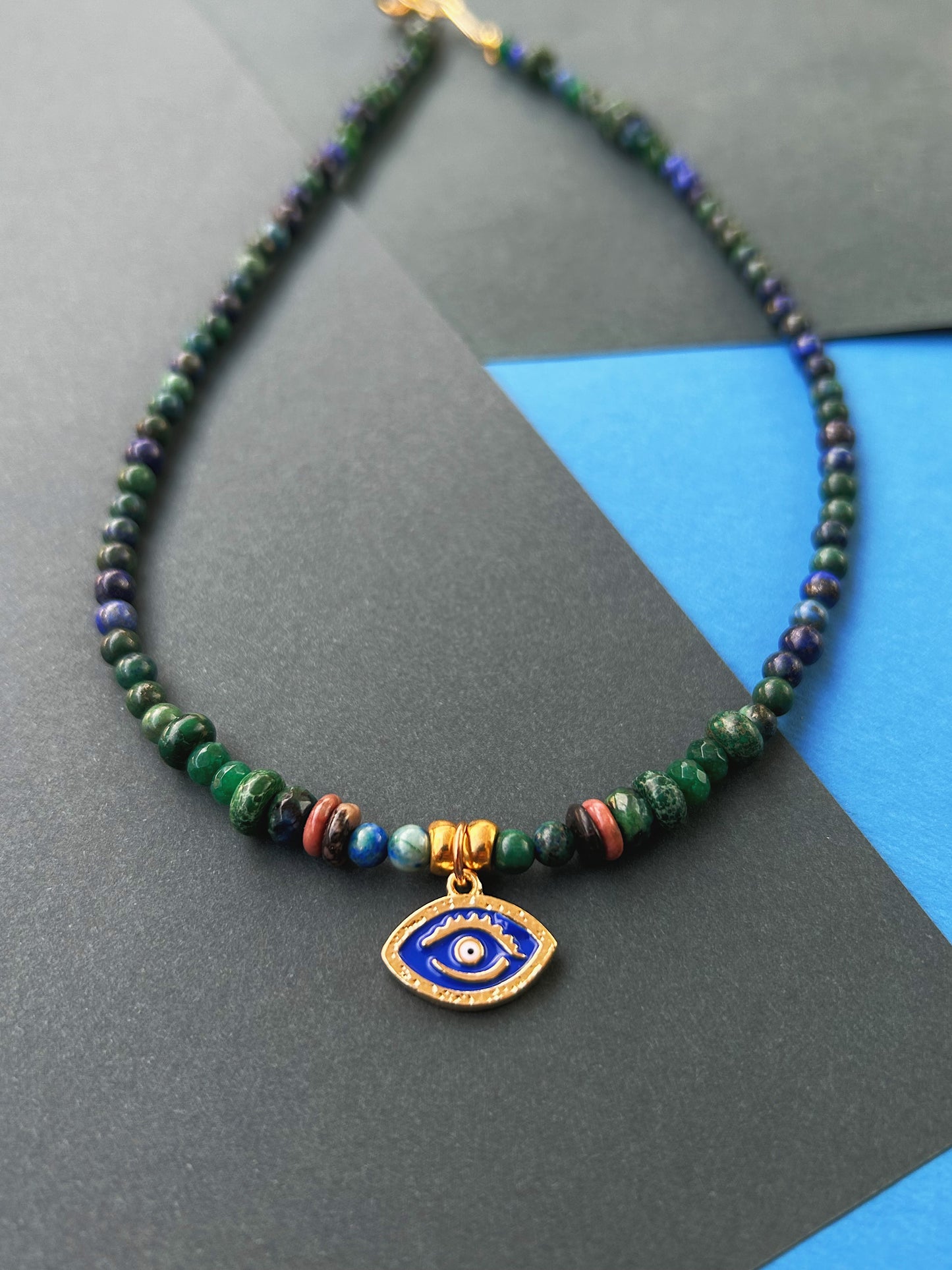 No Evil Necklace in Azurite Malachite, Jasper, Jade & Rhodonite