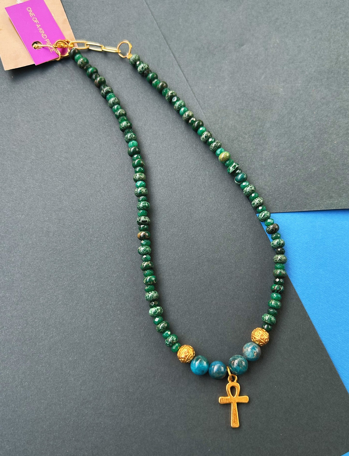 Stay Woke Ankh Necklace in Green Jade, Jasper & Blue Apatite