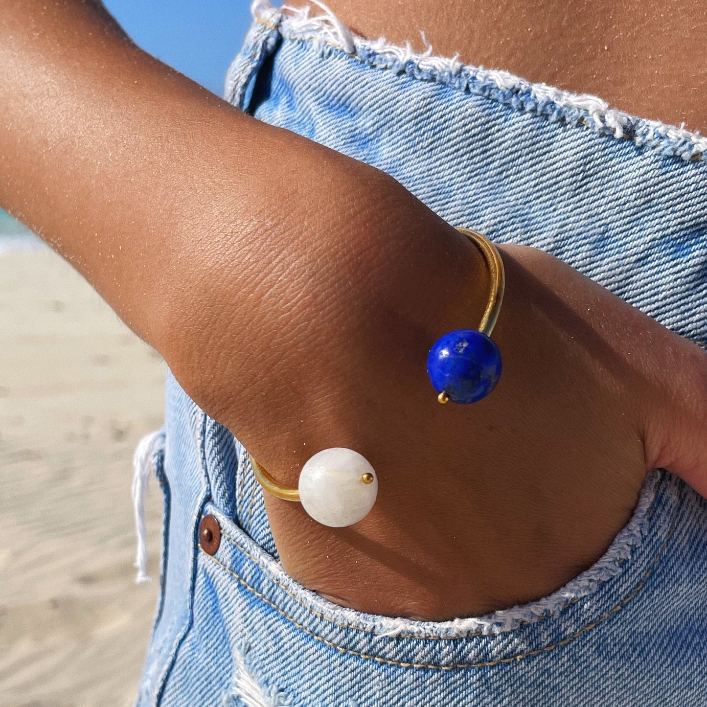 Lunar Harmony Bangle - Moonstone & Lapis Lazuli