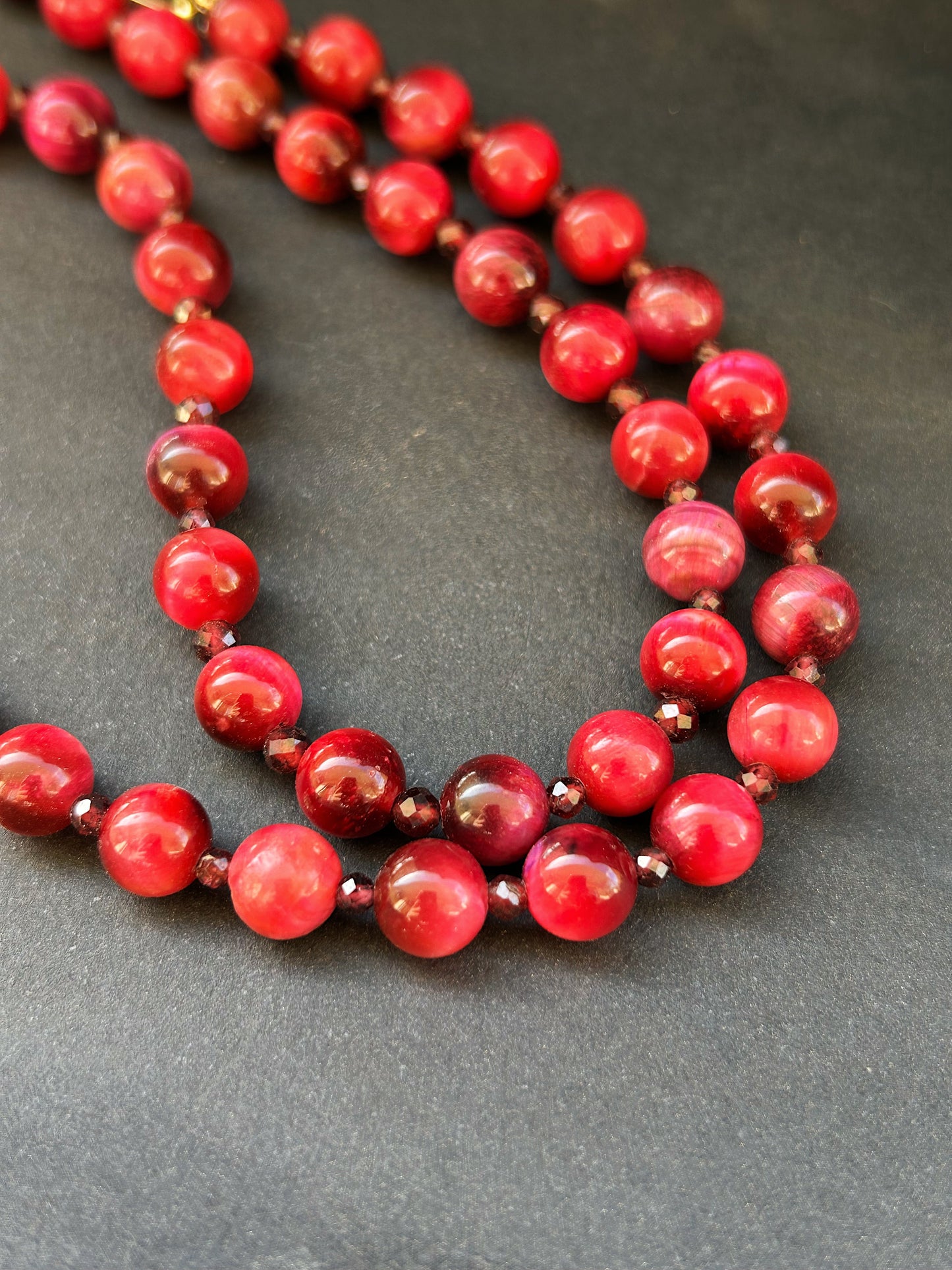 Crimson Muse Necklace In natural Pink TIger Eye & Garnet gemstones