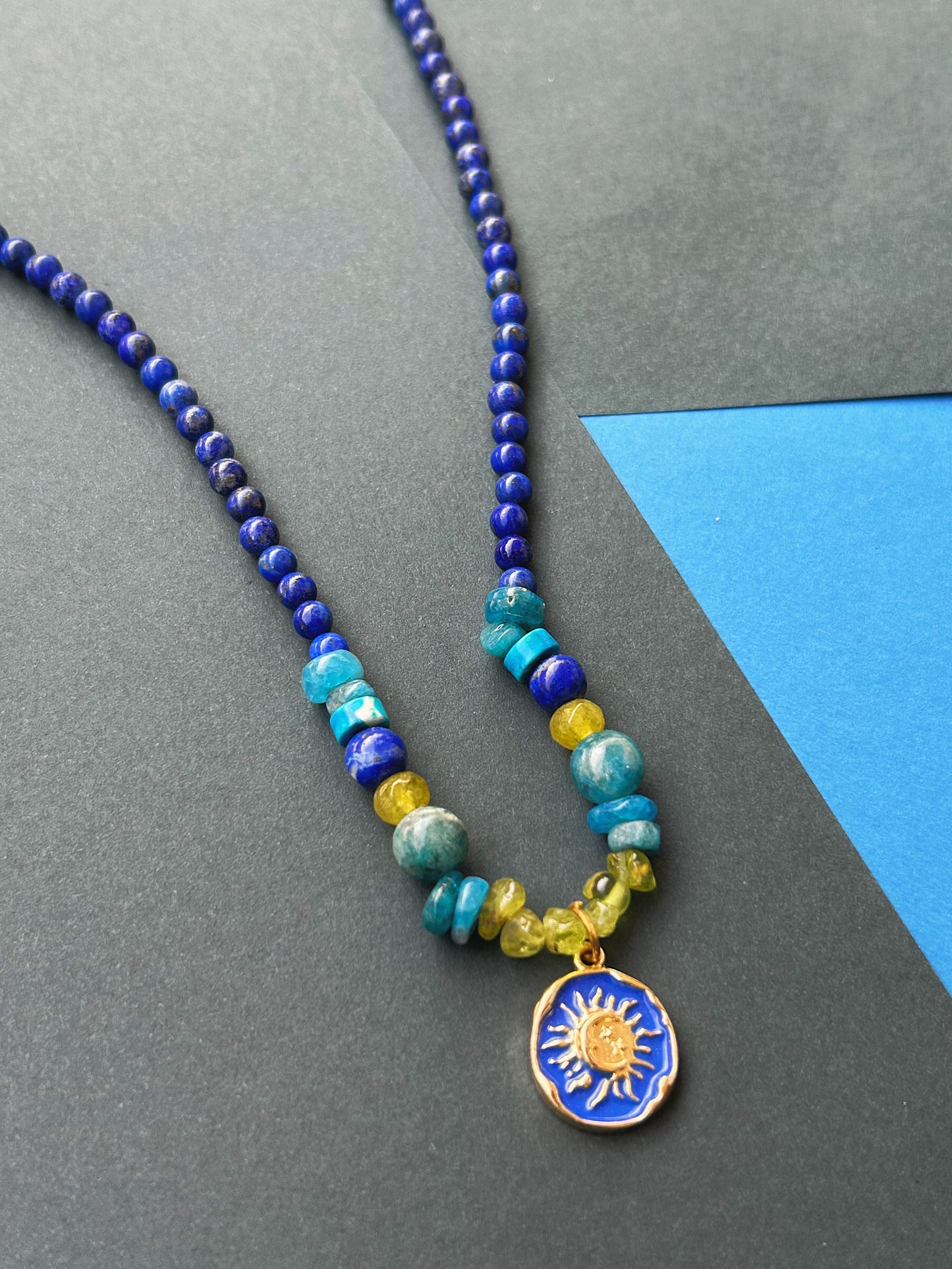 Skywave Drip Necklace - Lapis Lazuli, Peridot &  Blue Apatite