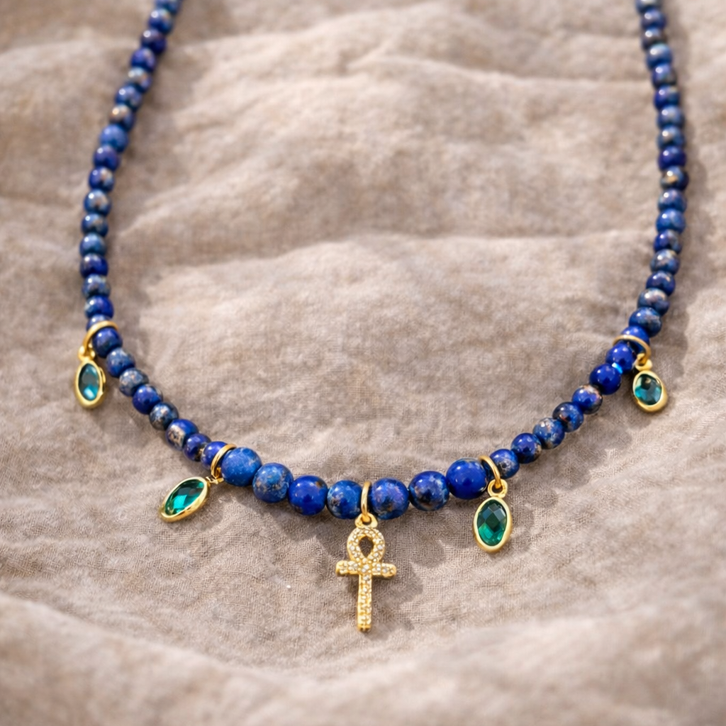 Starry Ankh Necklace In Natural Lapis Lazuli Gemstone