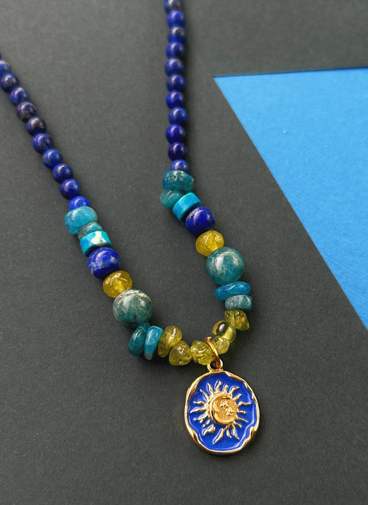 Skywave Drip Necklace - Lapis Lazuli, Peridot &  Blue Apatite