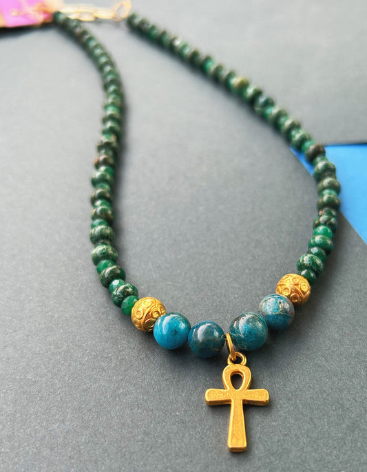 Stay Woke Ankh Necklace in Green Jade, Jasper & Blue Apatite