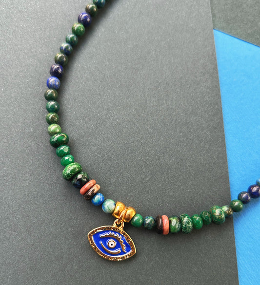 No Evil Necklace in Azurite Malachite, Jasper, Jade & Rhodonite