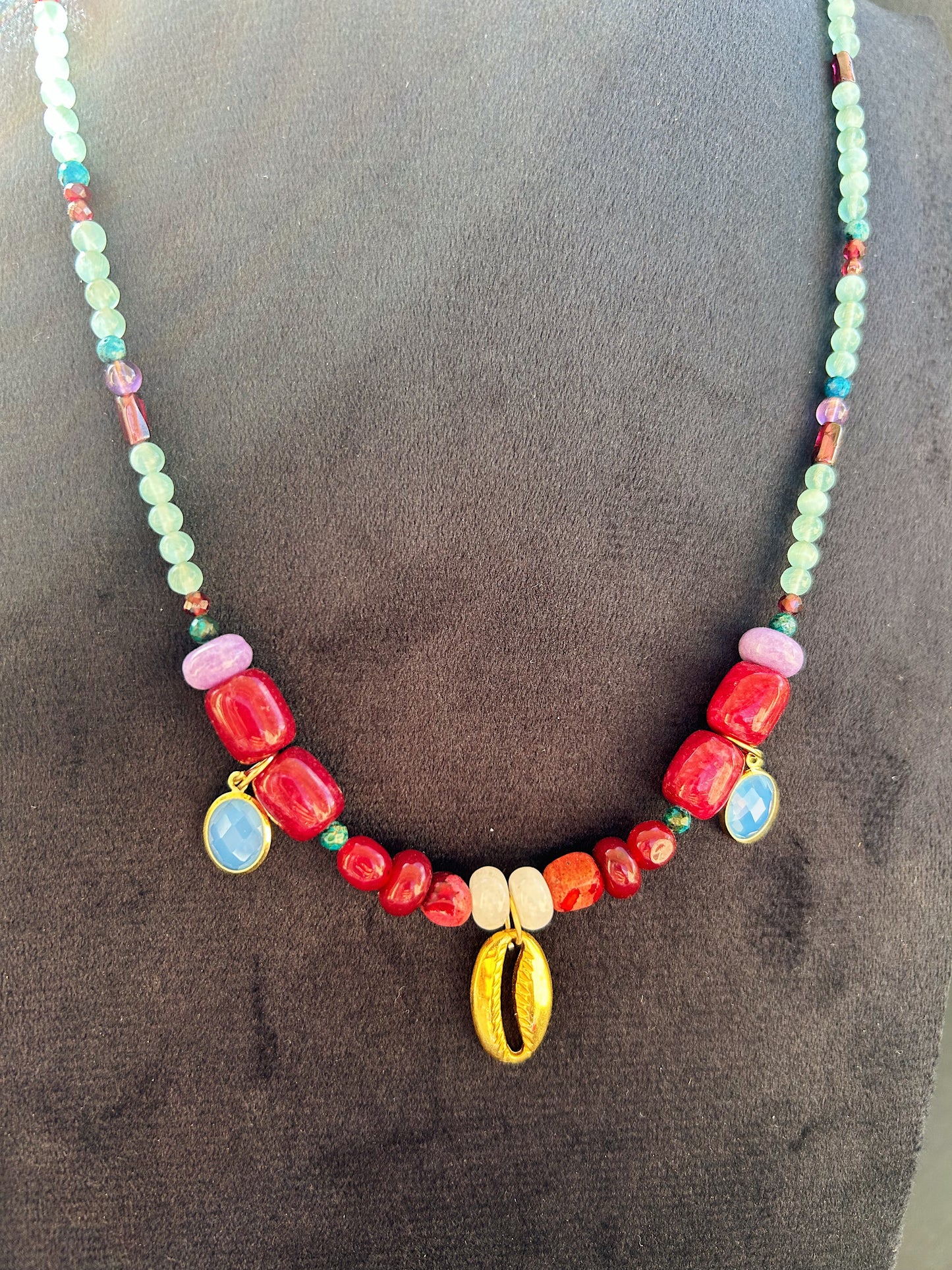 Wanderlight Charm Necklace In natural jade, garnet, blue apatite, jasper, amethyst, and cat eye, & finished with delicate zirconia