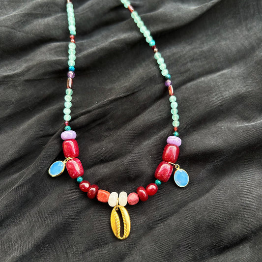 Wanderlight Charm Necklace In natural jade, garnet, blue apatite, jasper, amethyst, and cat eye, & finished with delicate zirconia