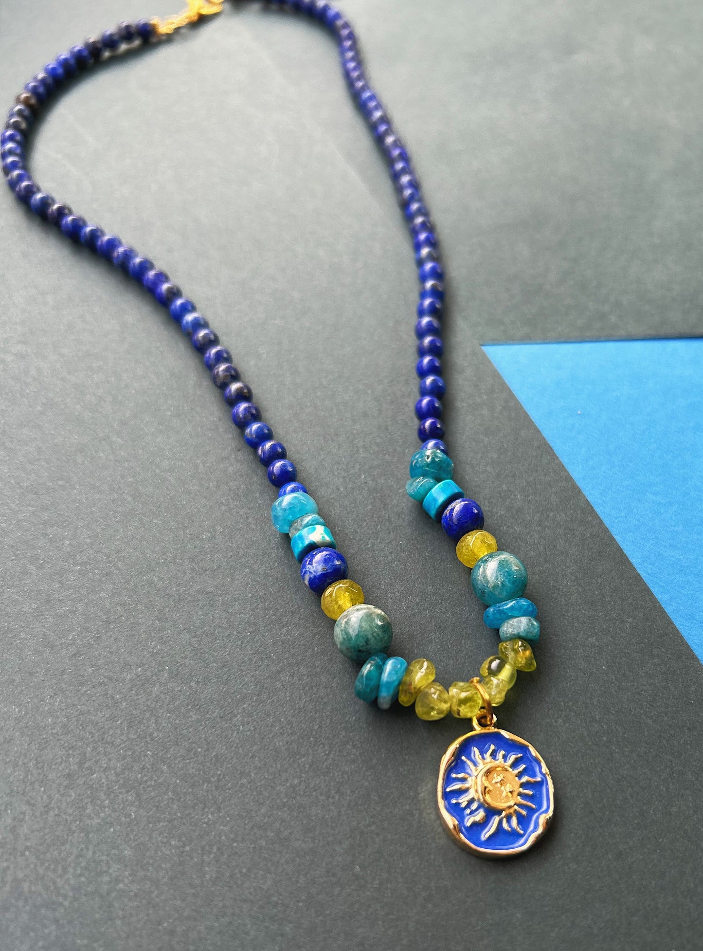 Skywave Drip Necklace - Lapis Lazuli, Peridot &  Blue Apatite