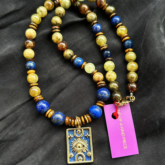 Midnight Oracle Necklace in natural Lapis lazuli, Peridot, and Tiger Eye, finished with a unique double-face pendant