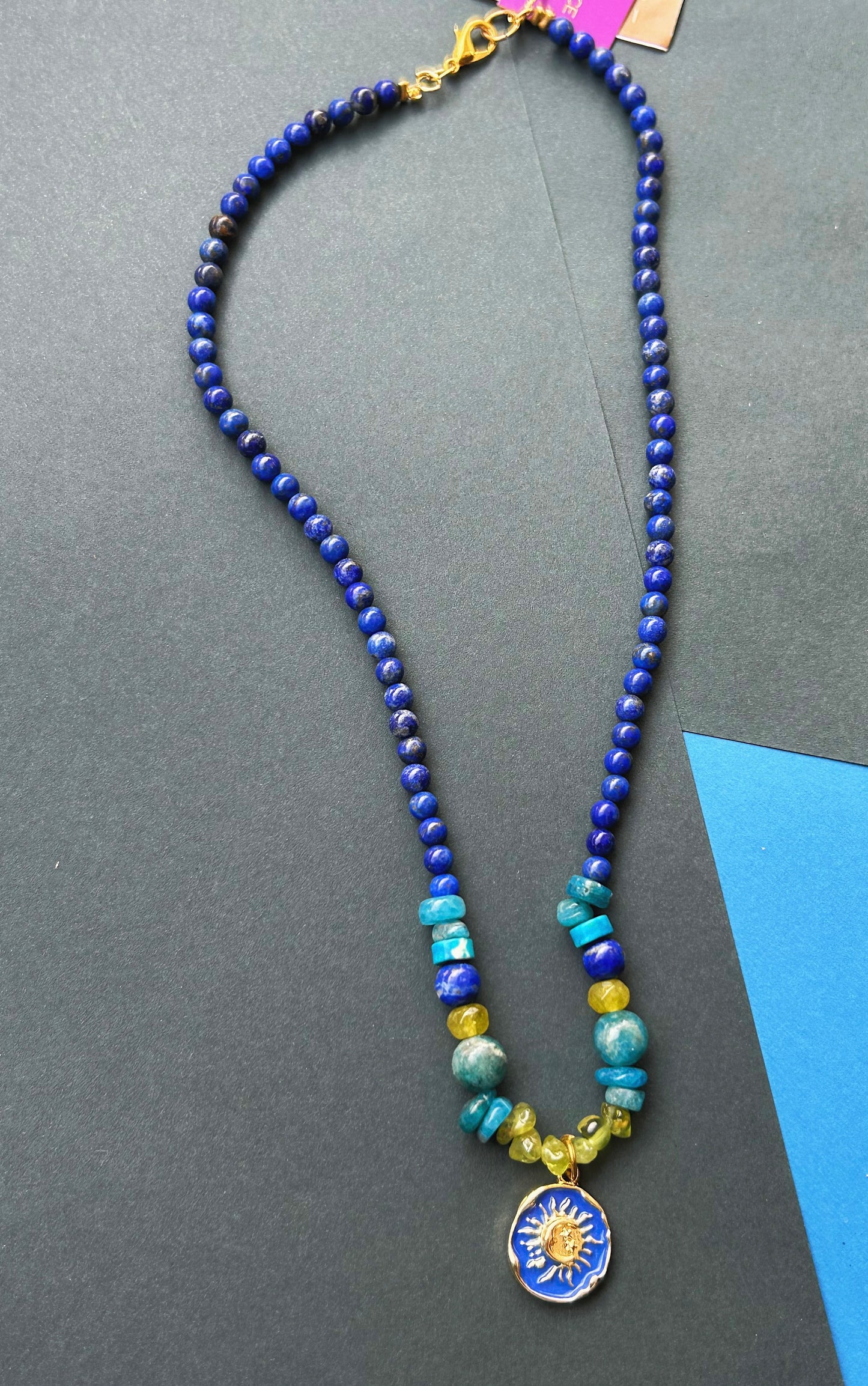 Skywave Drip Necklace - Lapis Lazuli, Peridot &  Blue Apatite