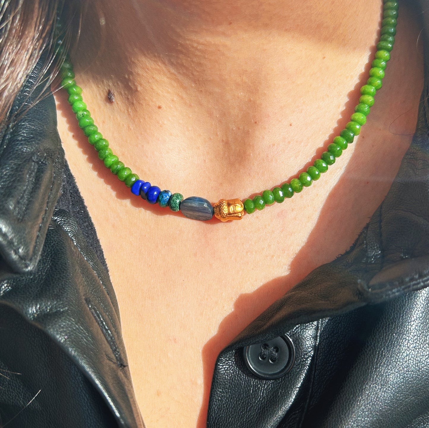 Aura Sync Necklace in Green Jade, Raw Kyanite, Jasper & Lapis Lazuli