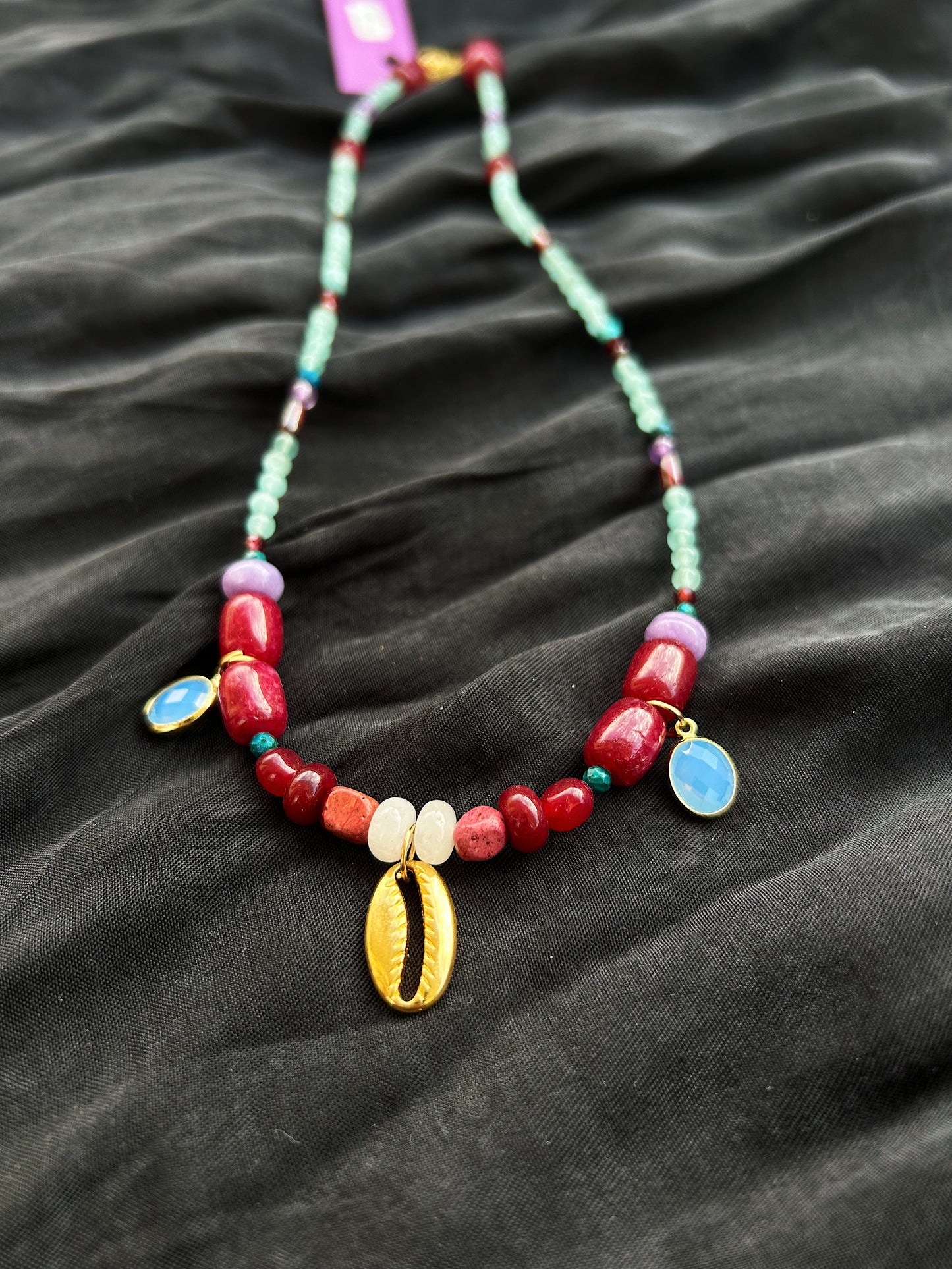 Wanderlight Charm Necklace In natural jade, garnet, blue apatite, jasper, amethyst, and cat eye, & finished with delicate zirconia