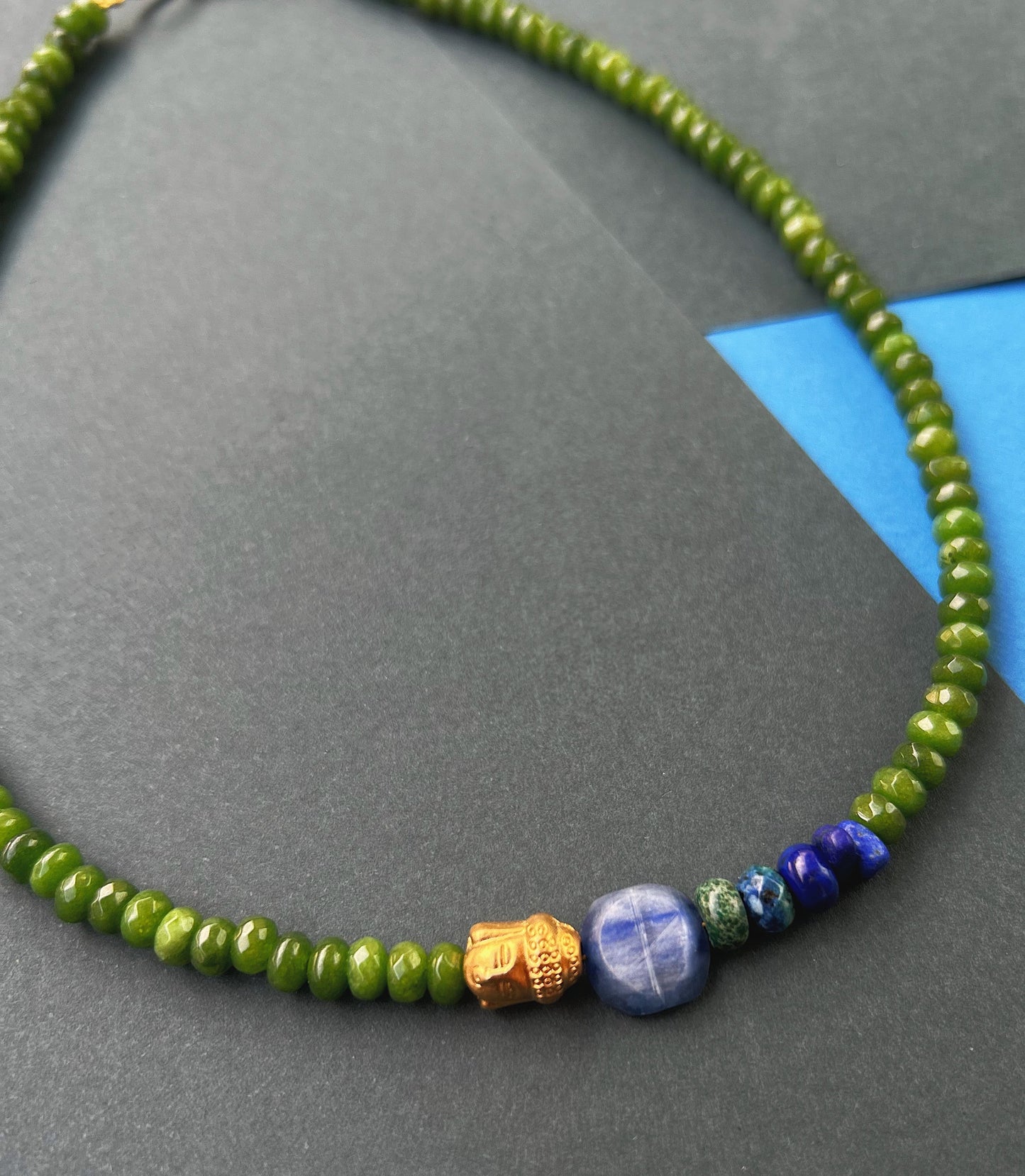 Aura Sync Necklace in Green Jade, Raw Kyanite, Jasper & Lapis Lazuli