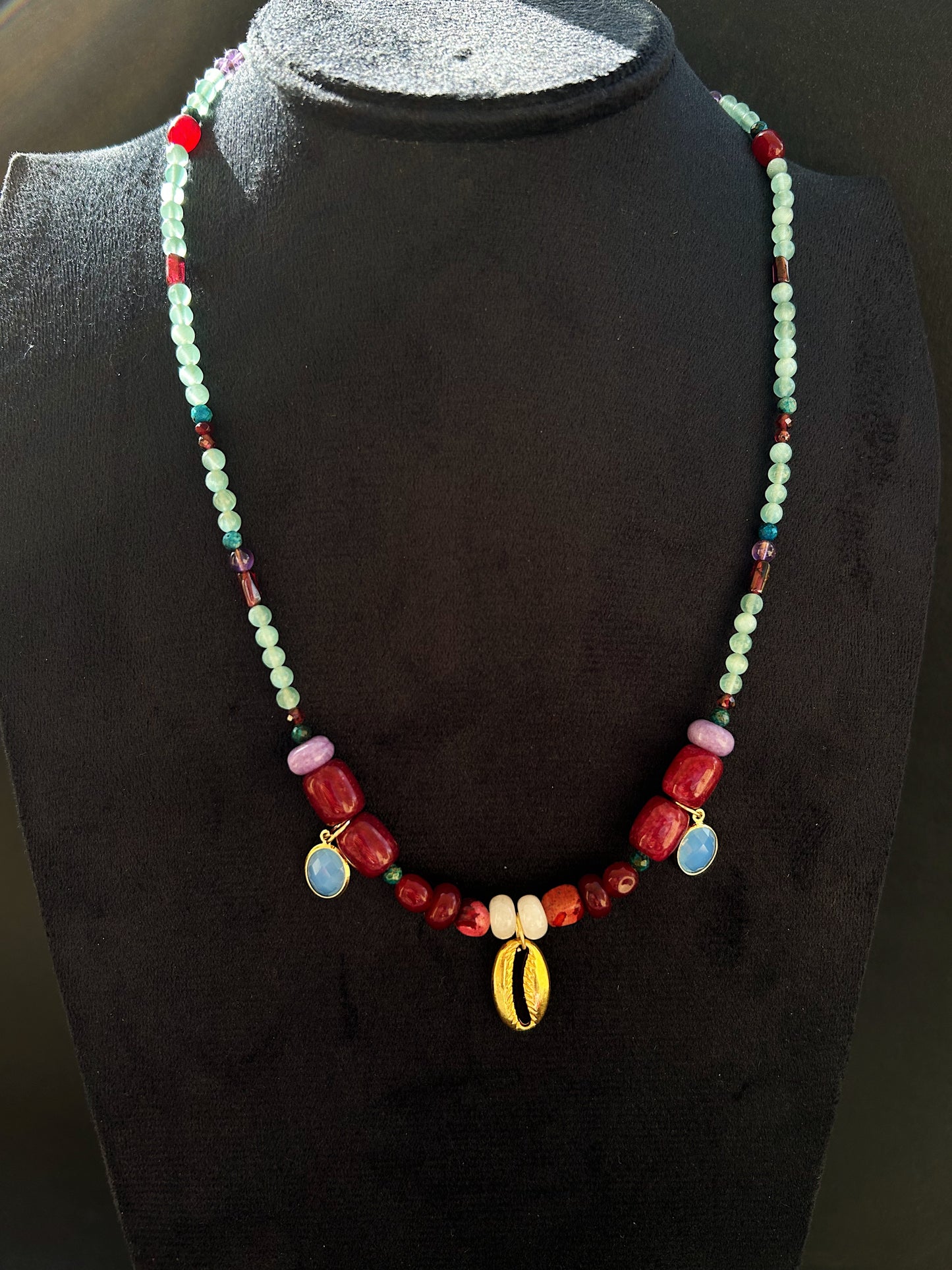 Wanderlight Charm Necklace In natural jade, garnet, blue apatite, jasper, amethyst, and cat eye, & finished with delicate zirconia