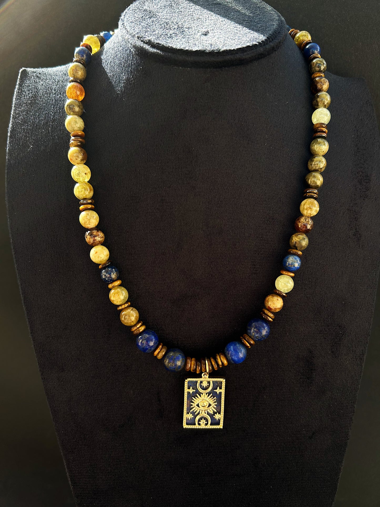 Midnight Oracle Necklace in natural Lapis lazuli, Peridot, and Tiger Eye, finished with a unique double-face pendant