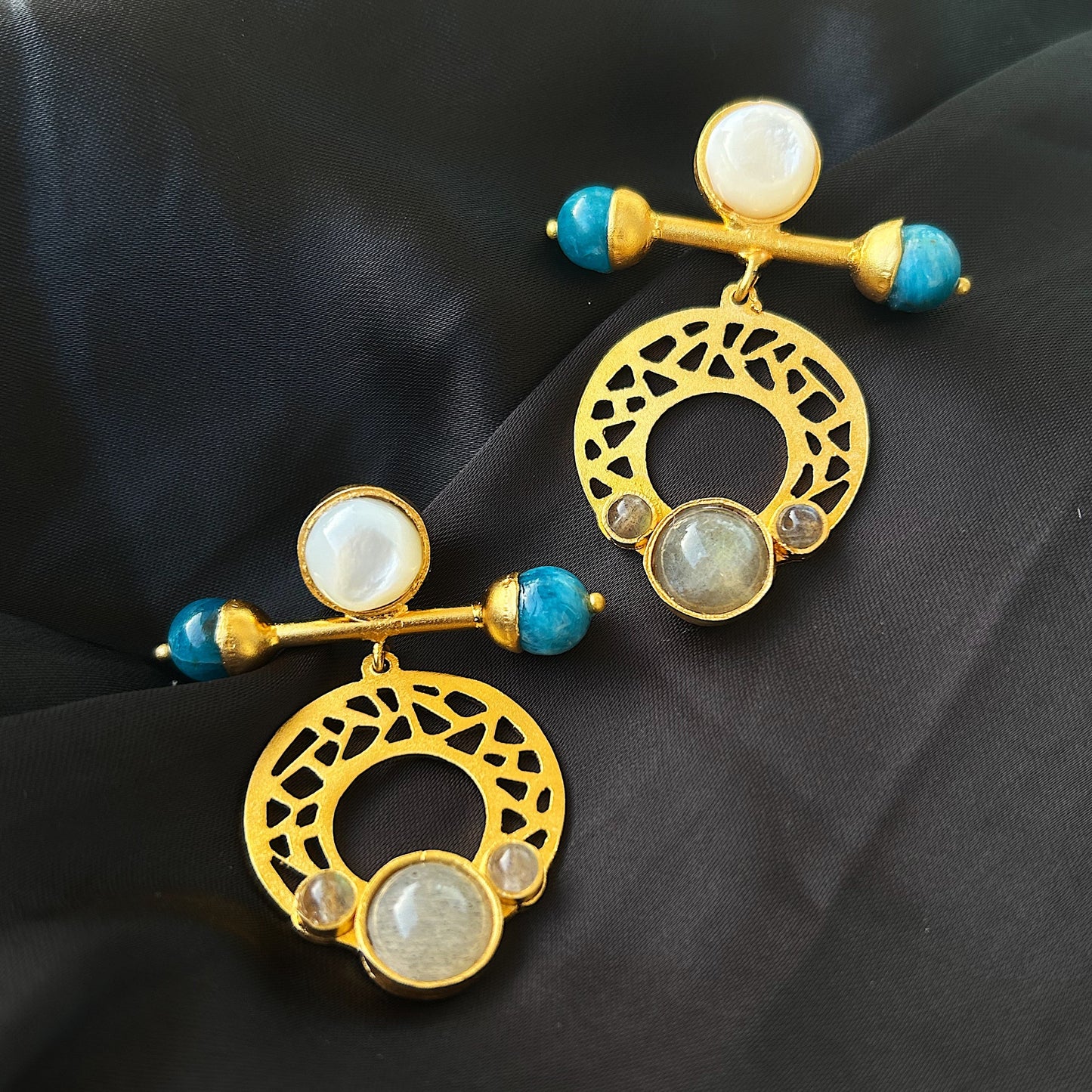 Ayla Earrings in Natural Mother of Pearl, Blue Apatite & Labradorite