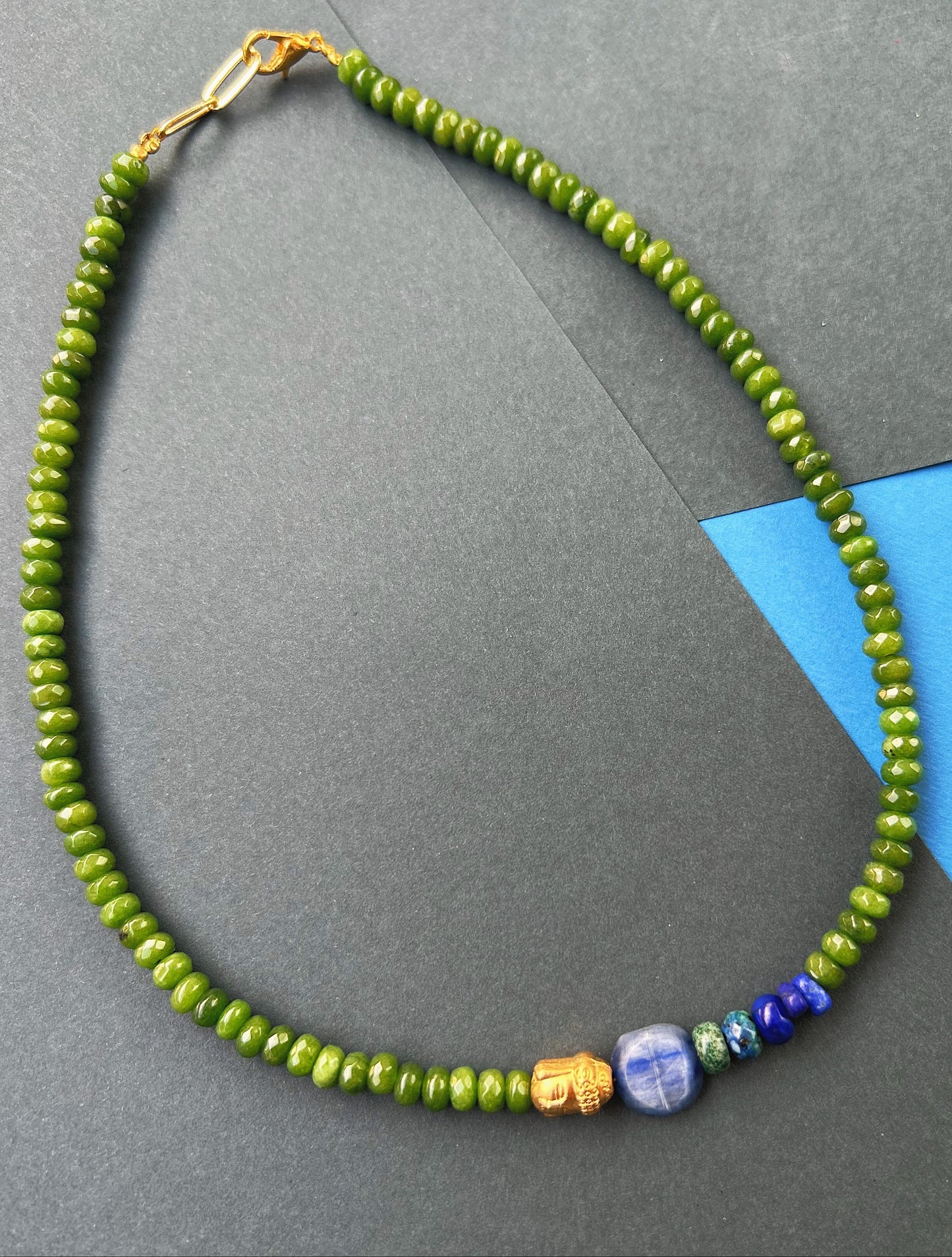 Aura Sync Necklace in Green Jade, Raw Kyanite, Jasper & Lapis Lazuli