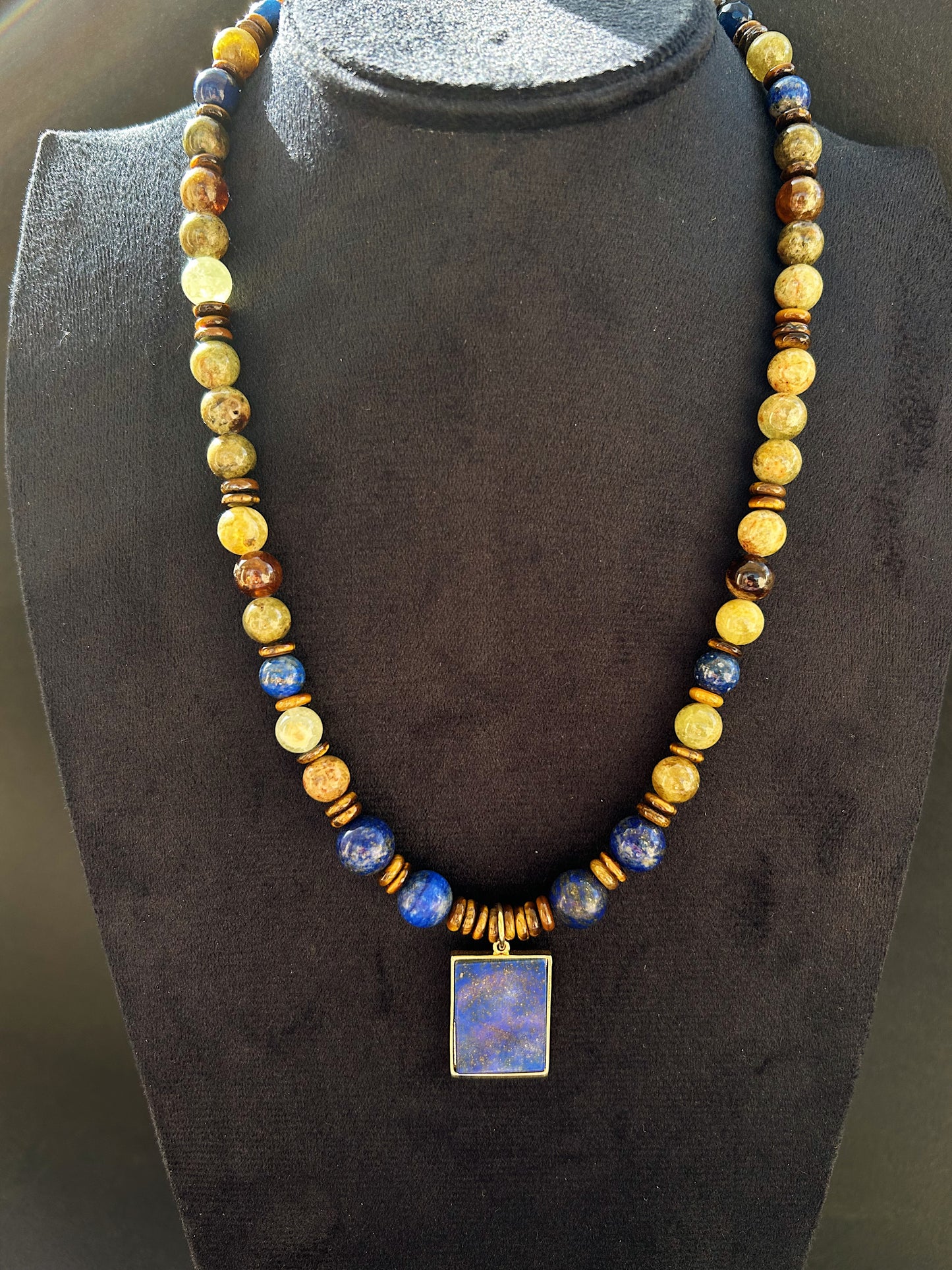 Midnight Oracle Necklace in natural Lapis lazuli, Peridot, and Tiger Eye, finished with a unique double-face pendant