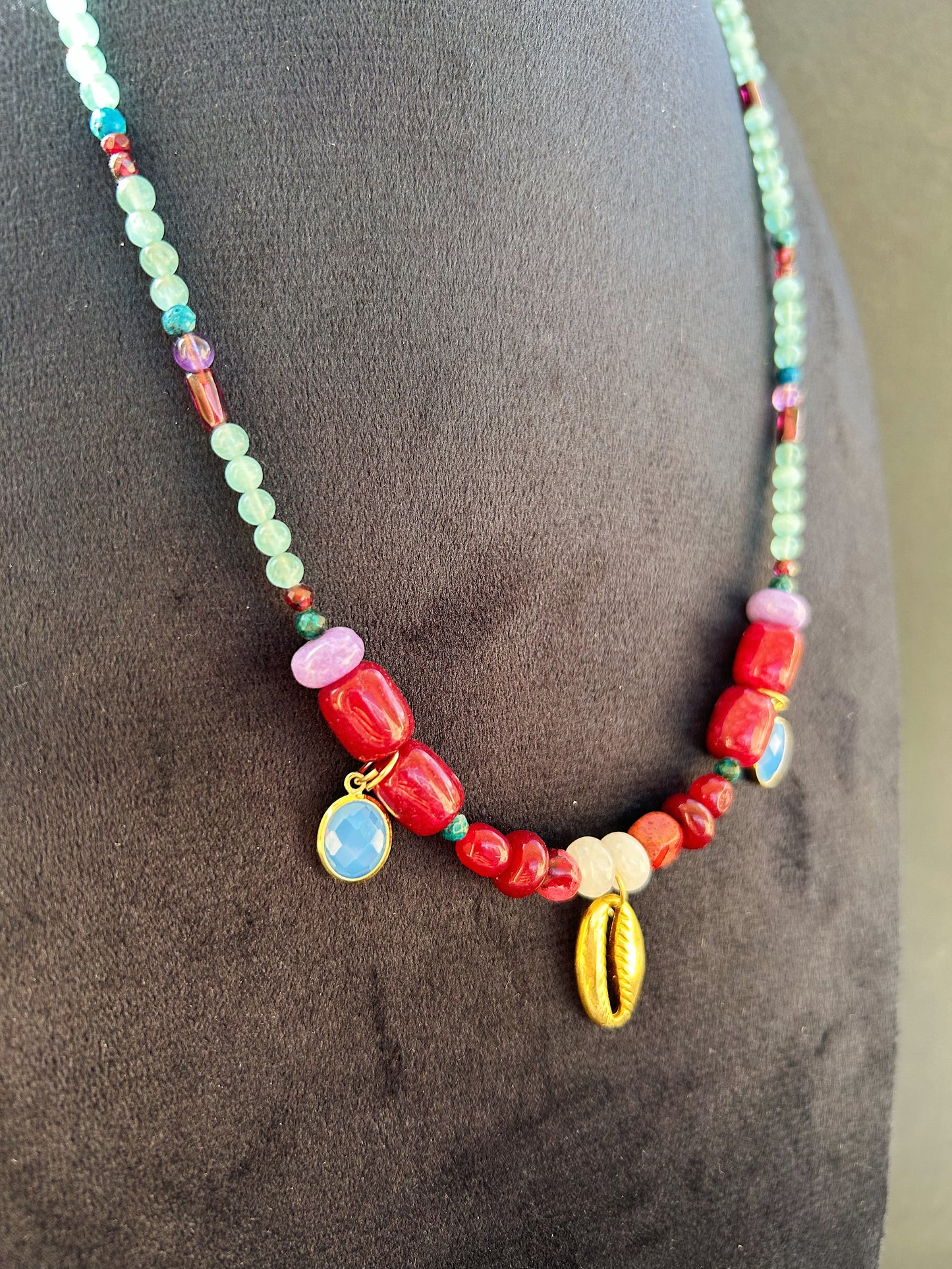 Wanderlight Charm Necklace In natural jade, garnet, blue apatite, jasper, amethyst, and cat eye, & finished with delicate zirconia