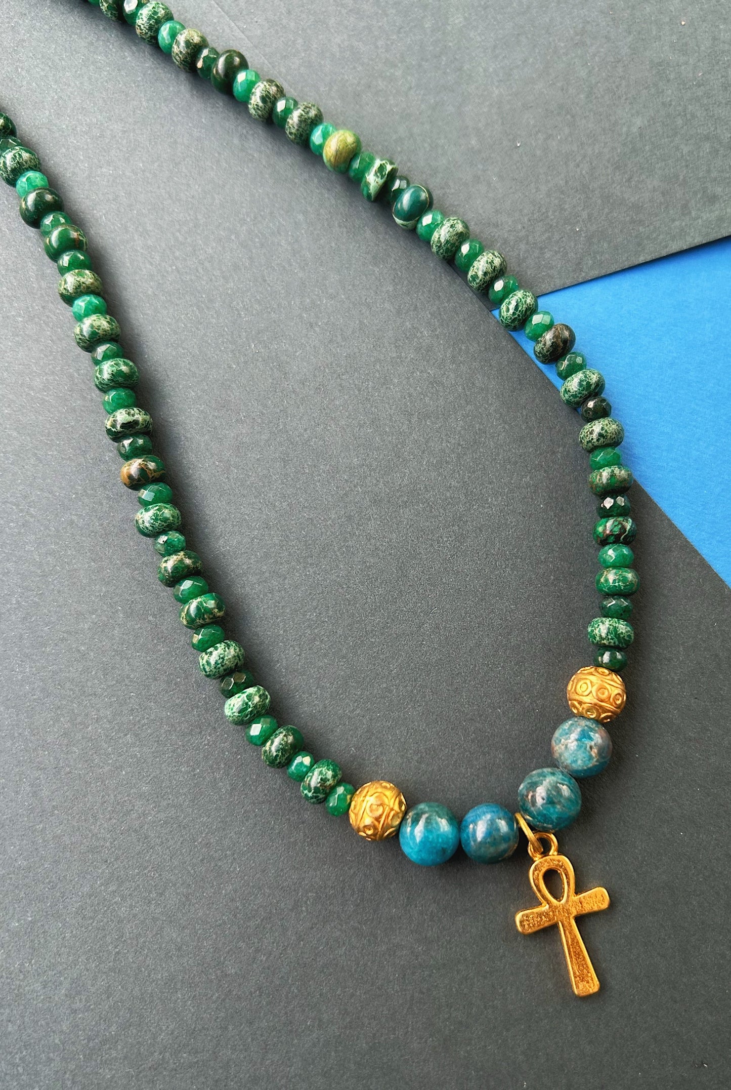 Stay Woke Ankh Necklace in Green Jade, Jasper & Blue Apatite