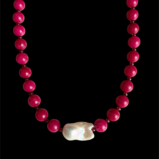 Pink Jade, Garnet & Baroque Freshwater Pearl // Energy: Ease