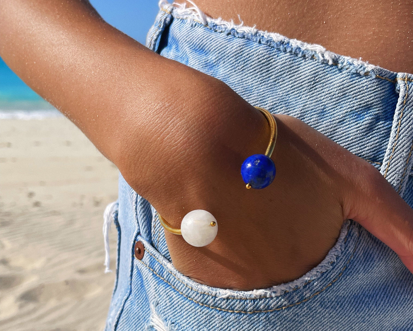 Lunar Harmony Bangle - Moonstone & Lapis Lazuli