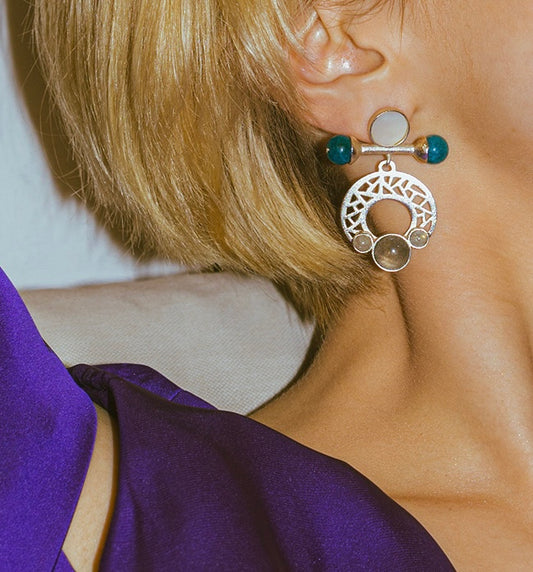 Ayla Earrings in Natural Mother of Pearl, Blue Apatite & Labradorite