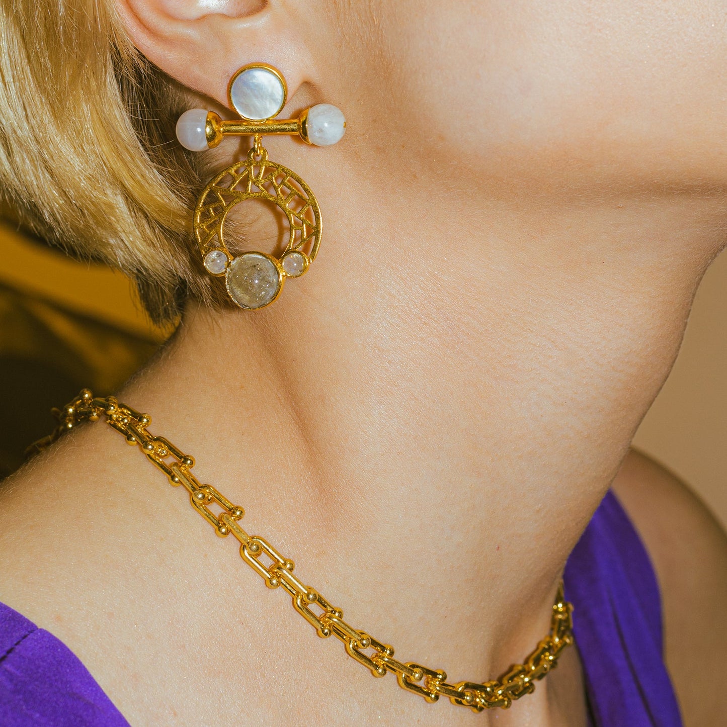 Ayla Earrings in Natural Moonstone, Labradorite & Mother of Pearl