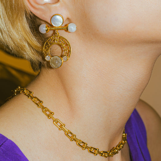 Ayla Earrings in Natural Moonstone, Labradorite & Mother of Pearl