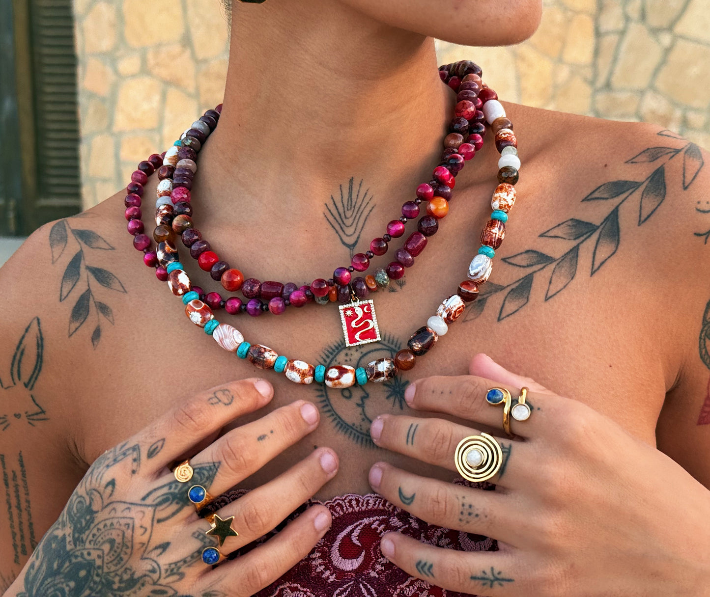 Desert Pulse Necklace in Fiery Agate, Jasper, Moss Agate & Jade gemstones