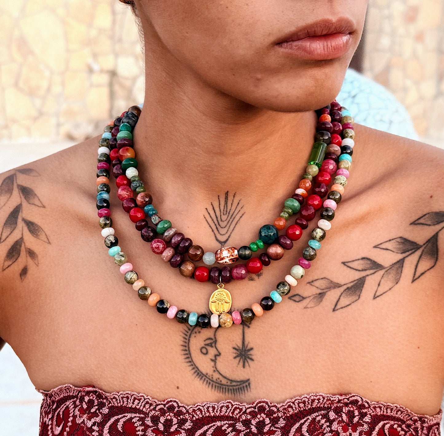 Guardian Flame Necklace In natural Jade, Agate, and Tiger Eye